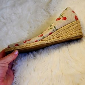 Cute sparkling Cherry love you shoes. Size 7 color beige with red cherries